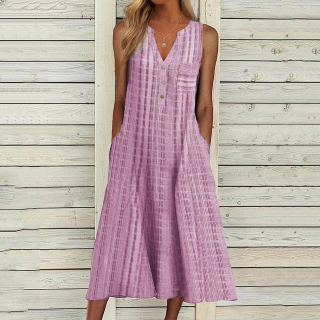 SMihono Robe Maxi Bohème d'Été pour Femmes Grande Taille Mode pour Femmes Décontractée Sans Manches à Col en V à Boutons à Rayures Imprimées avec Poche Robe Maxi Robe de Plage Évasée