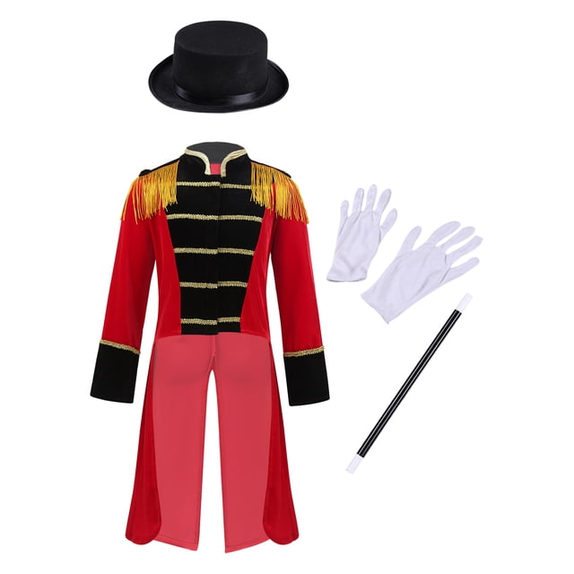 Lejafay Costume de Maître de Piste de Cirque pour Garçon Costume de Magicien de Performance Queue-de-Pie à Franges avec Ensemble d'Accessoires Rouge 12
