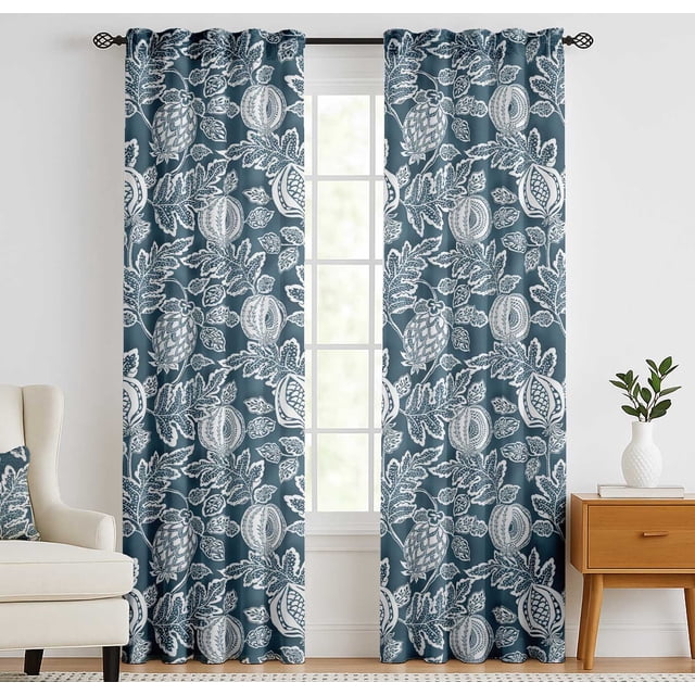 Vargottam Cotton Curtains for Windows - 3-in-1 Rod Pocket/Back Tab Short Window Drapes - Light Filtering Cotton Panels - Set of 2, 52"x63" - Fruits Pattern (Blue)