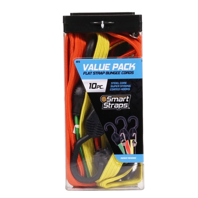 10 pc Flat Strap Value Pack Assortment centered front view showing flat strap bungees — three 24‑inch, three 36‑inch, two 48‑inch and two mini lengths. Flat rubber cords with double-jacket cover and mini coated steel hooks in green, orange, yellow and black; designed to help distribute loads and reduce slipping, suitable as tie-down cargo straps or for bundling camping gear.