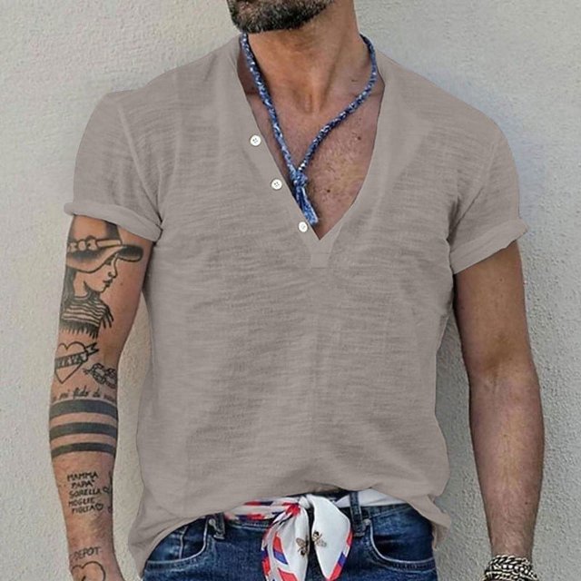 Chemises pour Hommes, Chemise de Sport à Manches Courtes, Col Rond, Boutons, Couleur Unie