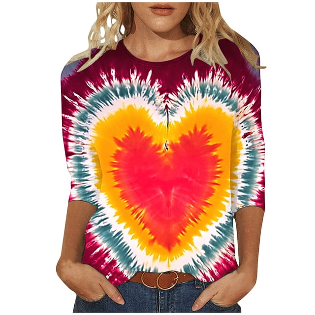 Lovzfmll Valentine's T-Shirt de Fête Cœur pour Femmes, Col Rond Manches Trois-Quarts Coupe Décontractée Rose, TG