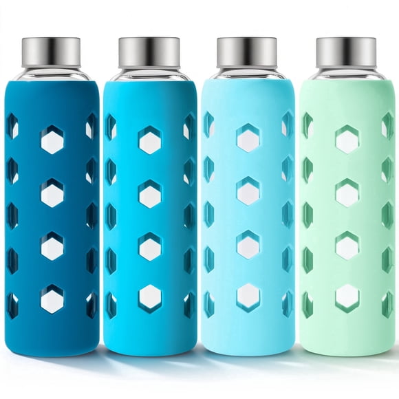 Bouteilles à Jus en Verre avec Couvercles et Manchons en Silicone 18 oz, Lot de 4 Bouteilles d'Eau Réutilisables en Verre Transparent avec Bouchon Hermétique en Acier Inoxydable pour Jus, Réfrigérateur, Pot à Boire Sans BPA et Étanche