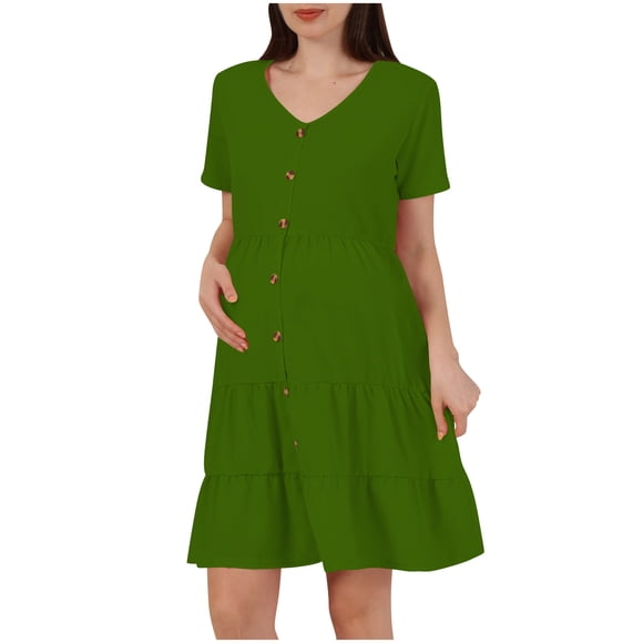 Tranfacy Women's Short Sleeve Maternity Dress,Casual Maternity Dress,Solid Color Maternity Dress Short Sleeve V-Neck Button Down Front A-Line Pregnancy Gown
