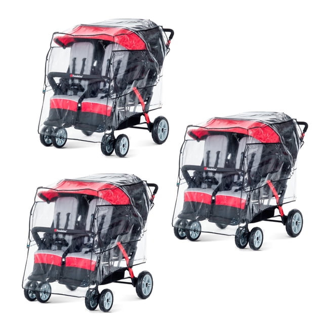 Foundations 4-Seat Quad Stroller Rain Cover 3 Pack, shown covering red and black quad strollers. The clear vinyl material provides full coverage with mesh windows for air ventilation. Easy-to-use snaps secure the cover, leaving wheels and push bar uncovered for maneuverability. Designed for Foundations Quad Sport, Compass, and Odyssey strollers.