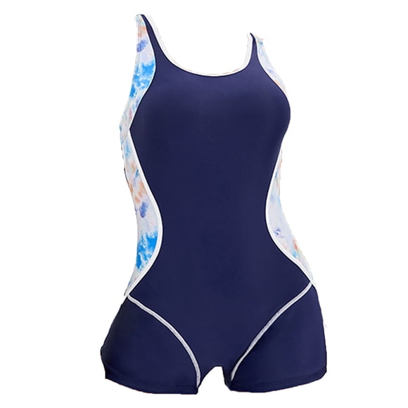YUUMIN Women's One Piece Boyleg Swimsuit Surfing Costume Hollow Out Back Colorful Print Athletic Bathing Suit Navy Blue S