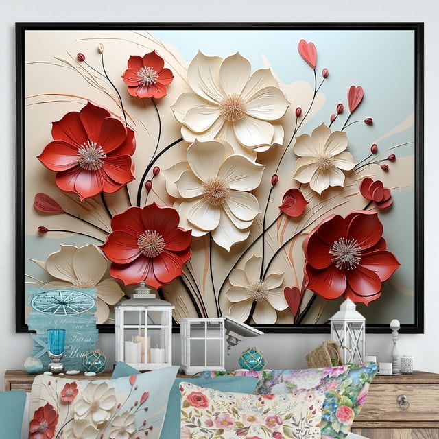 Designart Flower framed wall art decor, Flower framed wall Art, Dual Embrace Of Red And White Crimson Flowers , Extra large black framed wall art, 40x30 inches black frame
