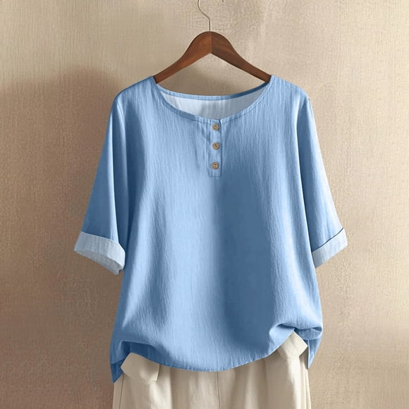 Women's Casual Loose Fit Button Down T Shirt Comfortable Plain Color Crew Neck Tee For Everyday Wear Soft Breathable Fabric Short Sleeve Sports Shirts Active Womens Tops Thin T Shirts Women Medium