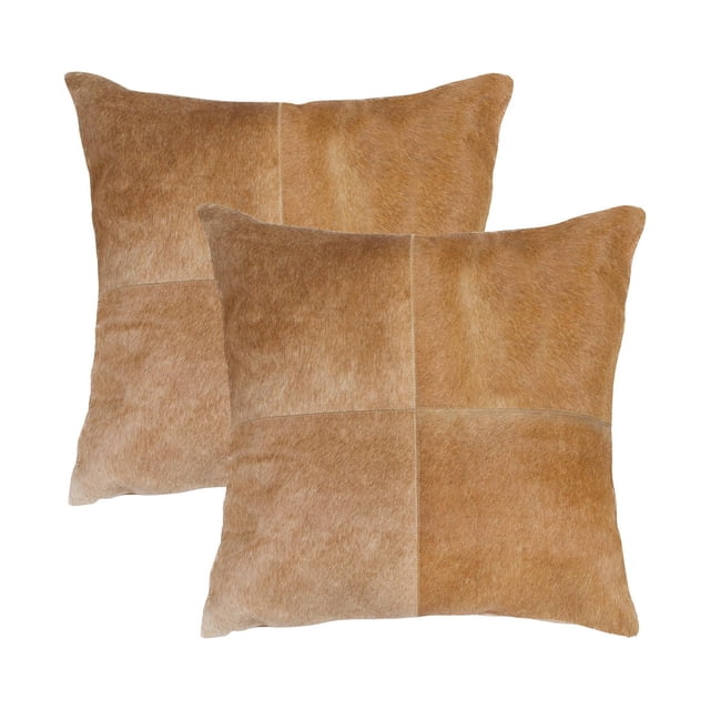 TORINO QUATTRO COWHIDE PILLOW 18"X18" 2-PACK with two square throw pillows made from 100% natural Indian cowhide in a four-panel patchwork of tan and light brown shades, featuring soft microsuede backing, hidden zipper closure, and polyfil insert, suitable for layering in home décor and as accent pillows for seating.