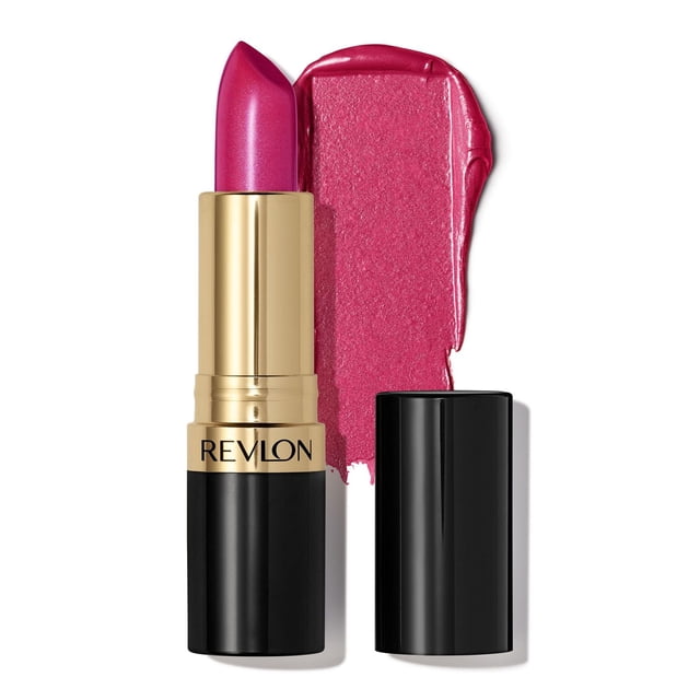 Revlon Super Lustrous Pearl Lipstick, Creamy Formula, 4.2g, shown in a bright pink pearl shade with a black and gold tube beside a smooth swatch of the lipstick colour on a white background. Formulated with 80% conditioning ingredients for soft, fuller-looking lips and rich, lightweight colour.