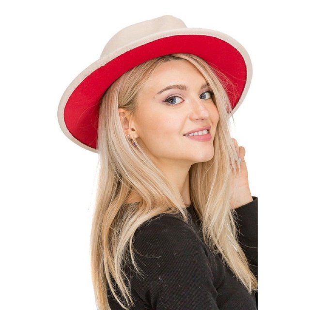 2Chique Boutique Chapeau en Feutre Style Panama à Large Bord Doublé Rouge Uni pour Femmes