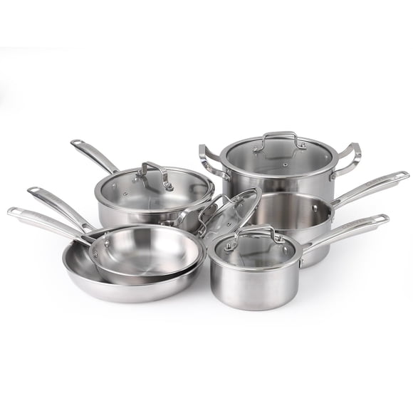 QinaQin 10 Piece Tri Ply Stainless Steel Cookware Set with Lids, Non Toxic Pots and Pans for Induction, Oven and All Stovetops