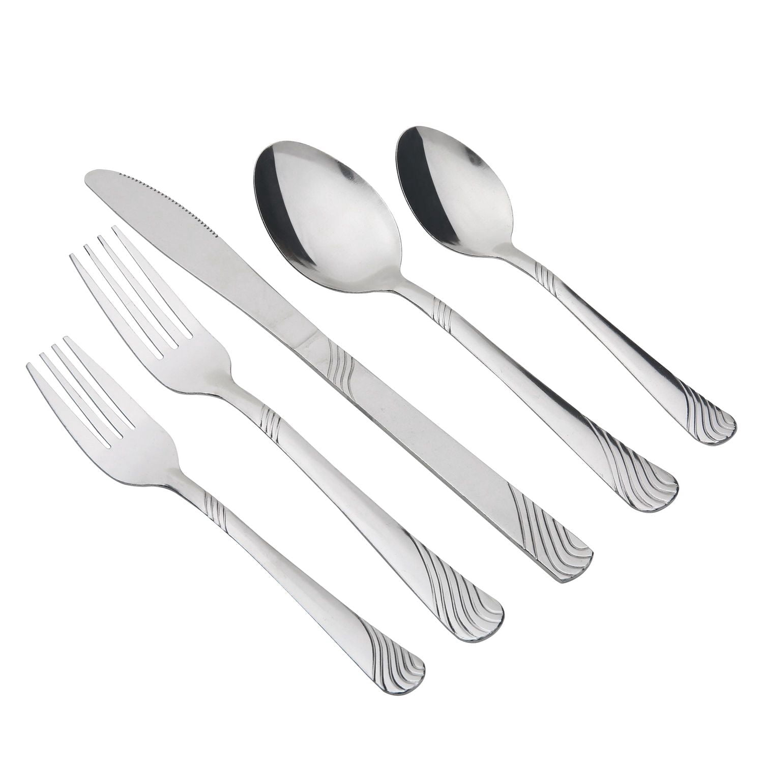 Ensemble de couverts en acier inoxydable Mainstays « Swirl » (48 pièces) avec plateau de rangement, argenté, service pour 8 personnes