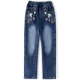 thumbnail image 1 of Kidscool Space Girls Floral Embroidered Ripped Washed Elastic Waist Jeans,Flower and Bowknot,5-6 Years, 1 of 6