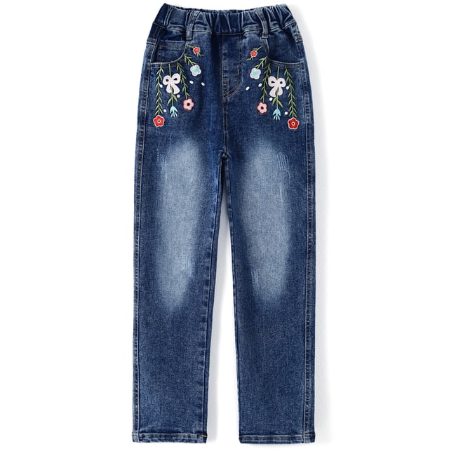 Kidscool Space Girls Floral Embroidered Ripped Washed Elastic Waist Jeans,Flower and Bowknot,5-6 Years