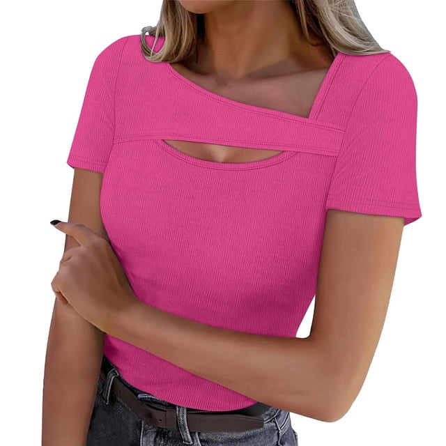 Lenpel T Shirts for Women Fashion Summer Short Sleeve Cutout Ribbed Knit Solid Color Slim Basic Tees Going out Tops