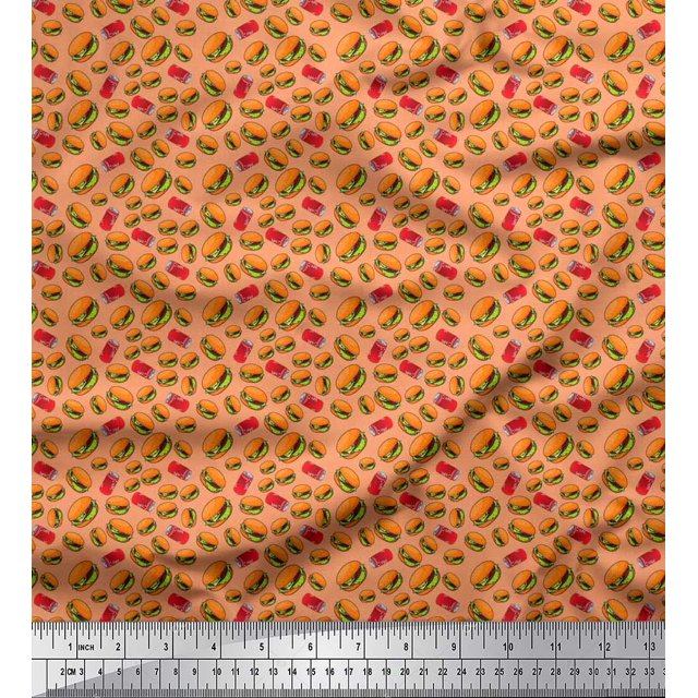 Soimoi Poly Georgette Fabric Coke & Burger Food Print Sewing Fabric Yard 52 Inch Wide