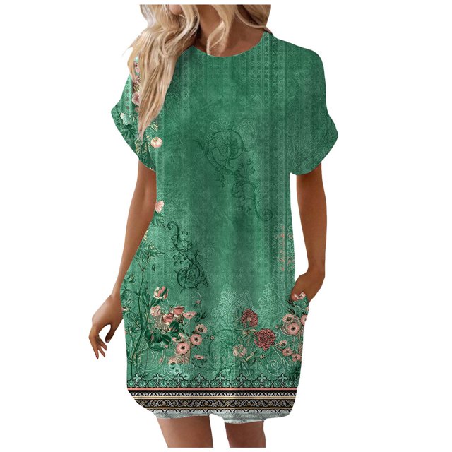TJAZFJPA Robes Formelles Grande Taille pour Femmes Femmes Robe T-Shirt Douce à Manches Courtes Tunique d'Été Décontractée Robe Imprimée Ample avec Poches Robes Formelles pour Femmes Robe de Gala
