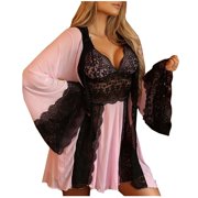 Teissuly Robes Pajamas For Women Embroidered Lace Hollow Out Backless Nightdress Pajamas Bath Robe
