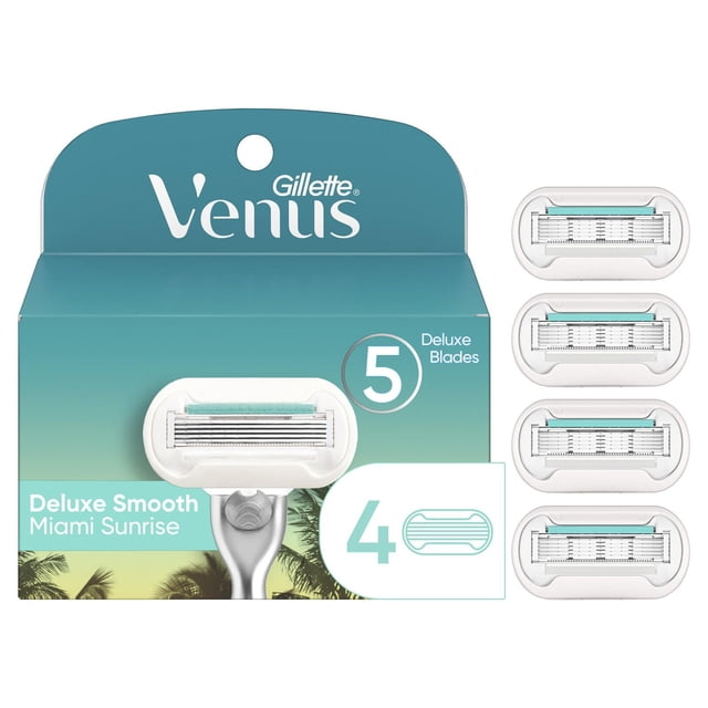 Venus Miami Sunrise Deluxe Smooth Sensitive women's razor Recharges Pack with four Cartouches, each Contenant five Deluxe blades and a SkinElixir Lubrastrip with aloe for Sensitive skin protection, Offrant un Rasage de Près, Confortable compatible avec la Plupart des Poignées Venus razor.