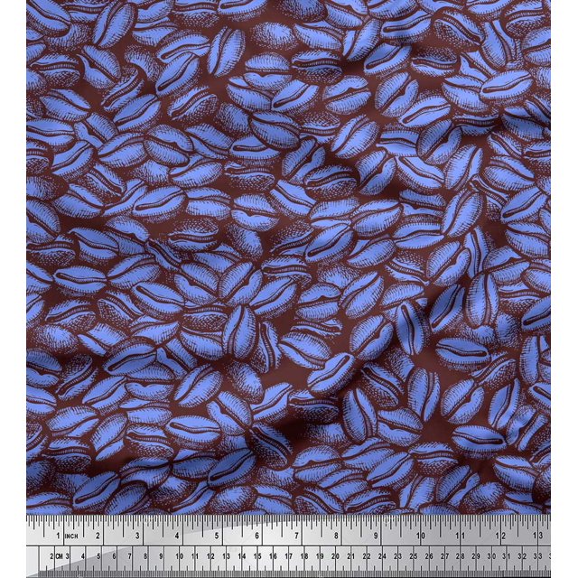 Soimoi Blue Poly Georgette Fabric Coffee Beans Food Print Fabric by Yard 52 Inch Wide