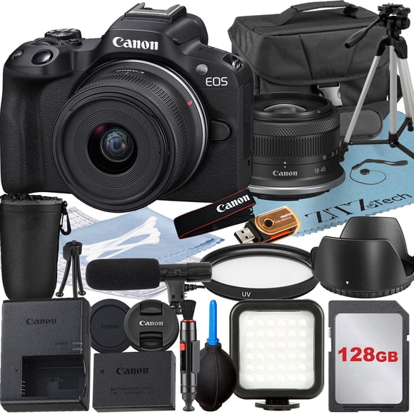 Canon EOS R50 Mirrorless Camera with RF-S 18-45mm Lens + 128GB Memory Card + Case + LED Flash + ZeeTech Accessory Bundle