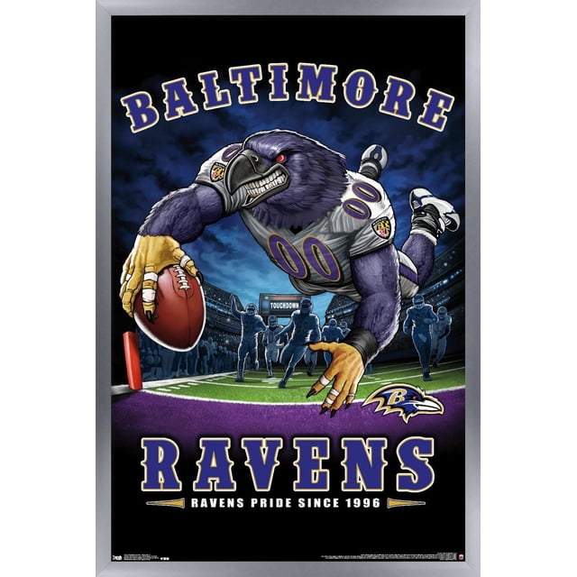 NFL Baltimore Ravens - End Zone 17 Wall Poster, 14.725" x 22.375" depicting a fierce raven mascot in a white and purple football jersey number 00 diving with a football toward the end zone on a green field with purple turf. The background shows silhouetted players and a scoreboard reading 'TOUCHDOWN'. Bold text reads 'BALTIMORE RAVENS' with the team logo and 'RAVENS PRIDE SINCE 1996'. Ideal for fan room decor or sports collections.