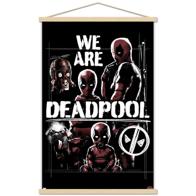 Marvel Deadpool & Wolverine - Affiche Murale « We Are Deadpool » avec Cadre Magnétique, 22,375 Po x 34 Po, Présentant une Oeuvre Brillante à Haute Résolution de Personnages Deadpool en costumes Rouges et Noirs sur Fond Noir avec Texte Blanc Audacieux « We Are Deadpool » et un logo Deadpool Circulaire, Encadré dans un Cadre Magnétique en Bois Clair, Convient à la Décoration Murale de la Maison Ou du Bureau.