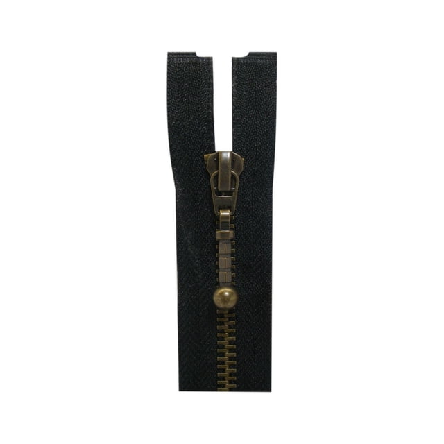 Costumakers One-Way Separating Zipper 65 cm (25.6) with black fabric tape and #5 antique brass metal teeth featuring a tab pull, shown in a centered close-up on white background, ideal for sewing notions and garment fasteners in jackets and coats.