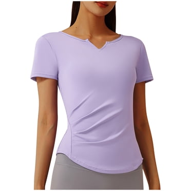 hotojiny Hauts d'Entraînement pour Femmes Ajustés Col en V à Encoche Manches Courtes Chemise Froncée Athlétique Sport Course Yoga T-Shirt Vêtements de Gym