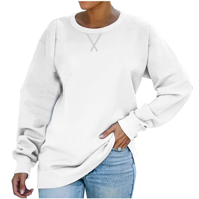 T-shirt Ample pour Femmes à Manches Longues, Blouse à Col Rond, Hauts Décontractés, Chandail en Molleton