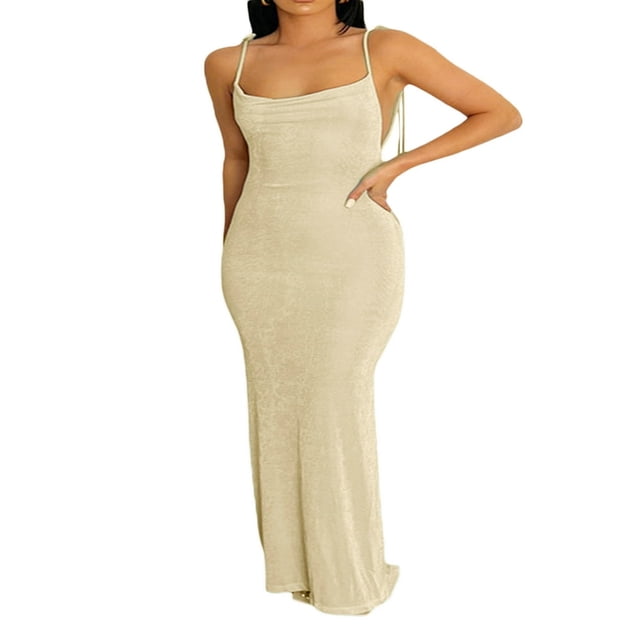 Women Open Back Slip Dress Solid Color Spaghetti Strap Floor Length Skirt Black/ Beige/ Blue