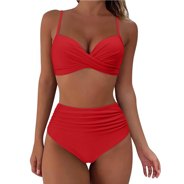 Huesdet Women Two Piece Bikini Swimsuit Color Block Bathing Suits Halter Triangle String Bikini Sets(Red,XXL)