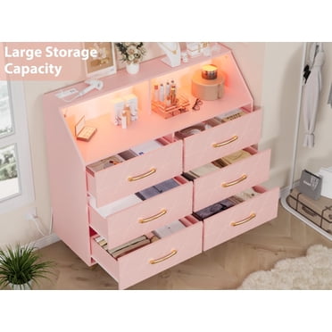 Commode Moderne à 6 Tiroirs avec Station de Recharge et Lumières DEL RVB – Petite Commode en Bois avec Tablette pour Chambre, Nursery Ou Appartement