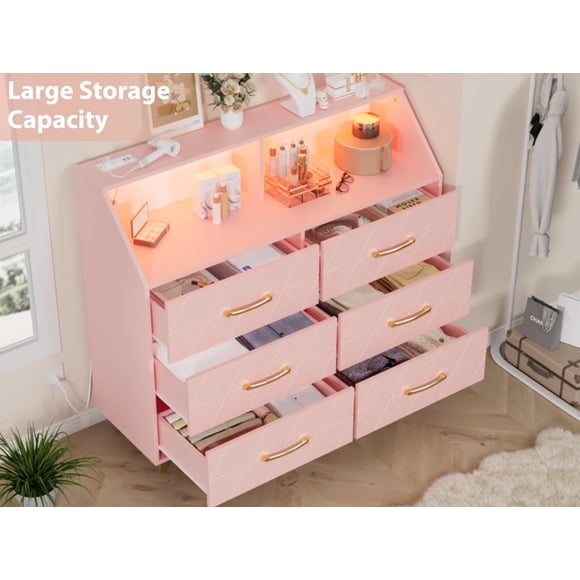 Modern 6 Drawer Dresser with Charging Station & RGB LED Lights – Slim Wooden Chest of Drawers with Shelf for Bedroom, Nursery, or Apartment