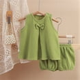thumbnail image 1 of YUTK Girls' Active Sweatsuit,Solid Color Gauze Set Double-Layer Breathable Two-Piece Set Bow Top and Pants Set Round Neck Set Sale Green, 1 of 3