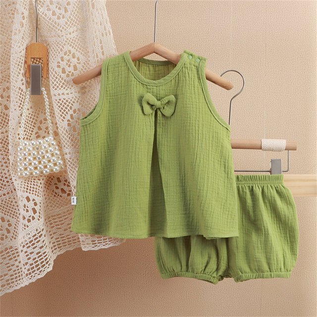 YUTK Girls' Active Sweatsuit,Solid Color Gauze Set Double-Layer Breathable Two-Piece Set Bow Top and Pants Set Round Neck Set Sale Green