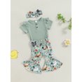 thumbnail image 3 of EYIIYE Toddler Baby Girl 3Pcs Summer Outfits 0 3M 6M 12M 18M Infant Short Sleeve Jumpsuits Ribbed Ruffled Rompers with FloralChick Flare Pants Headbals Fashion Cute Casual Clothes for Daily, 3 of 8
