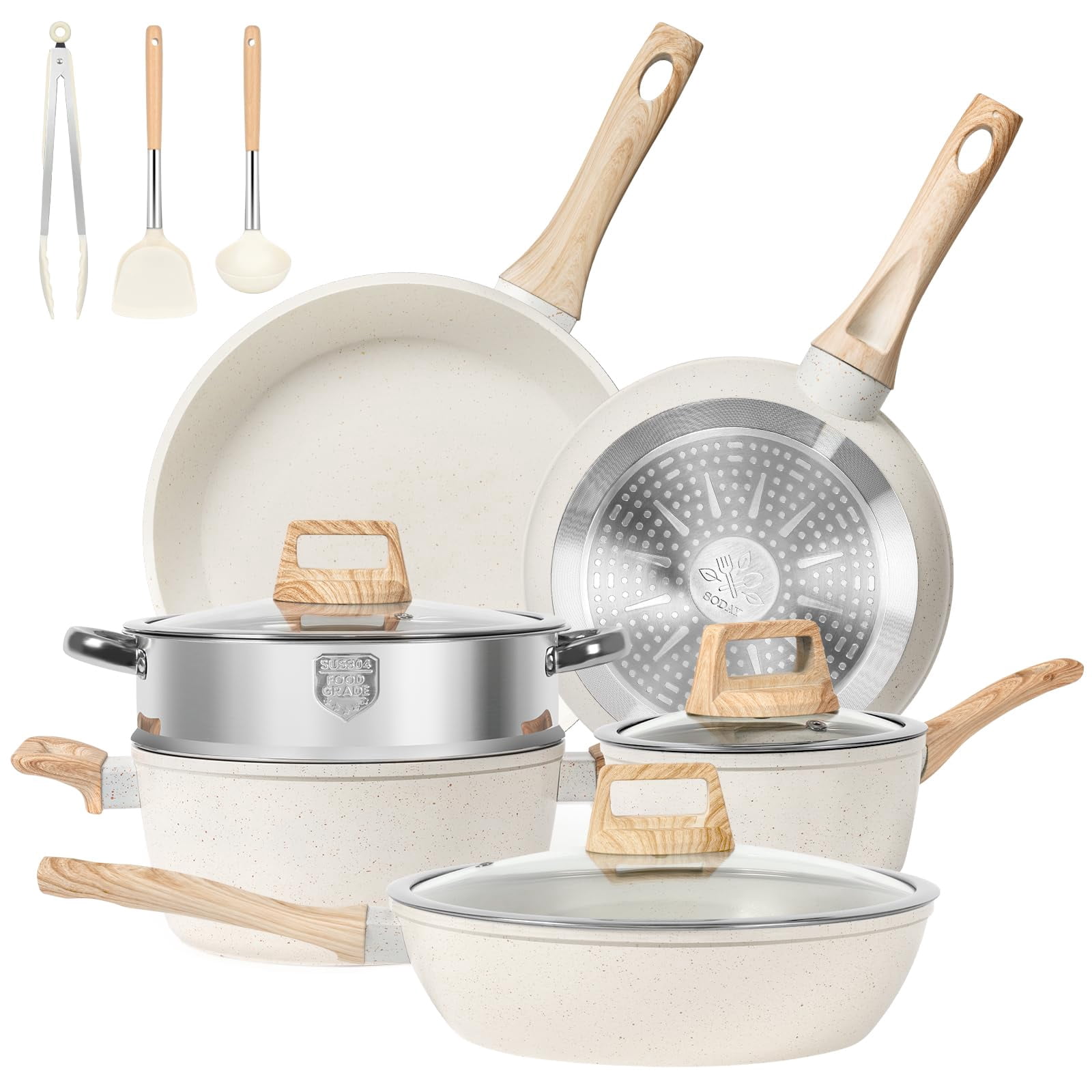 SODAY 12 Pcs Pots and Pans Set, Nonstick Cookware Sets White Granite Induction Cookware, Non-toxic Healthy Non Stick Kitchen Cooking Set with Frying Pans Set, Saucepans,Steame