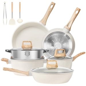 SODAY 12 Pcs Pots et casseroles ensemble, Ensembles de cuisine antiadhésif Ensemble de cuisine à induction de granit blanc, Non toxique Ensemble de cuisson non-adhésive de cuisine avec poêles, Saucepans,Steam