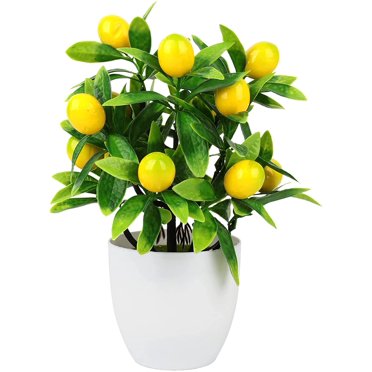 HSHDLDF Artificial Lemon Tree Plant Decor 9.65 Inch Fake Green Pot Plants Flowers Ornaments Mini Potted Lemon Tree Fake Lemon Fruit Stems Decor in Pot for Home Office Decorations