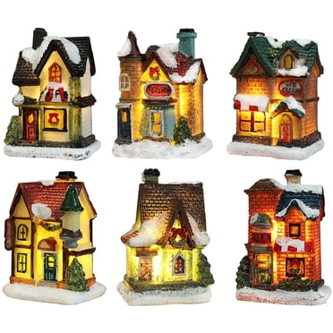 Ensembles de Villages de Noël - Maisons de Village de Noël Éclairées à DEL avec Figurines, Collection de Villages de Noël Décoration Intérieure de Pièce - Bâtiments de Collection (6 Pcs)