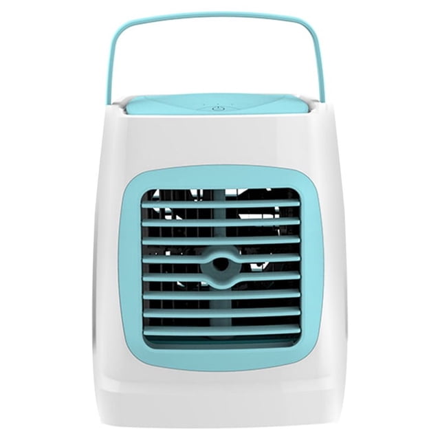 Zootealy Mini Air Conditioning Air Conditioner with Humidification Function Personal Portable USB Small Cooler. A compact, front-facing view of a white and sky blue portable air conditioner with a built-in handle and front grille design. Features a 400ml water tank and USB charging capability, suitable for personal cooling and humidification.