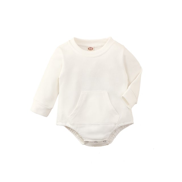 Kmbangi Baby Cotton Romper Long Sleeve Crew Neck Solid Color Pocket Bodysuit
