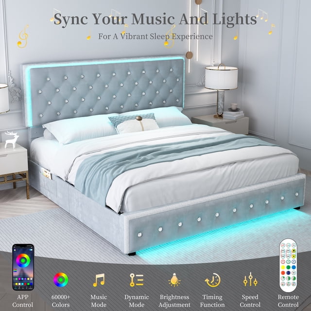 SIBEDS Cadre de Lit Grand à DEL avec 2 Tiroirs de Rangement, Tête de Lit Capitonnée en Velours à Losanges, Lumières RVB, Sans Bruit, Gris