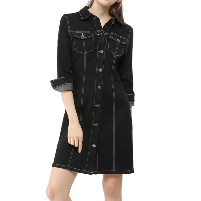 INSPIRE CHIC Robe-Chemise en Denim pour Femme, Manches 3/4, Mini Robe Chemise en Jean à Boutons, TG, Noir