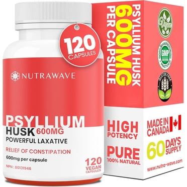Nutrawave Gélules d'Enveloppe de Psyllium 600 mg – Supplément de Fibres pour la Santé Digestive et du Côlon, Soutien de la Régularité, 120 Gélules Véganes, non-OGM, Sans Gluten