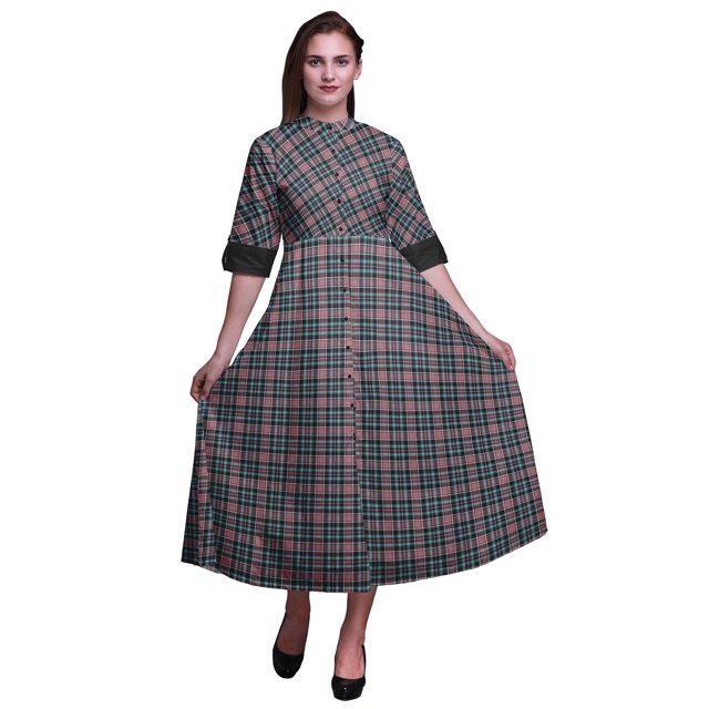 Bimba Robe Chemise à Carreaux à Boutons, Col Mandarin, Manches Retroussables, Imprimé - Petit