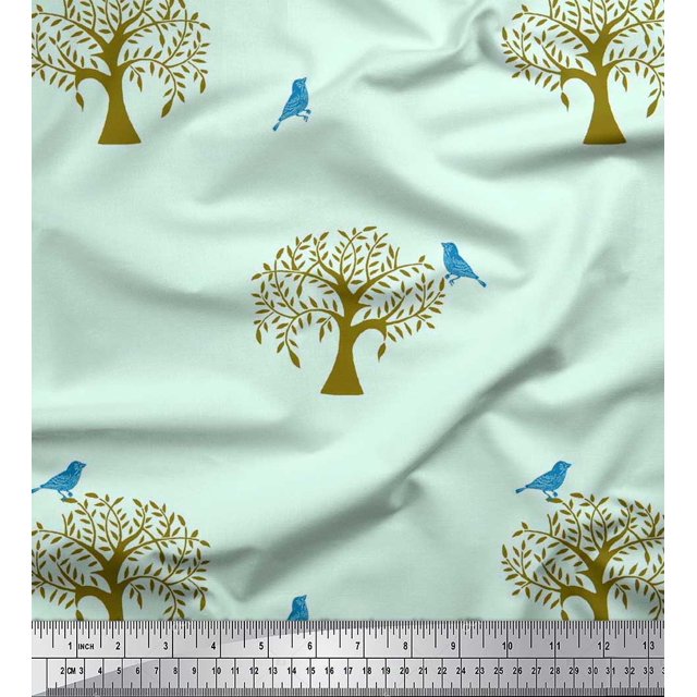 Soimoi Moss Tissu Georgette Imprimé Oiseaux & Arbres 1 Yard 42 Pouces de Large