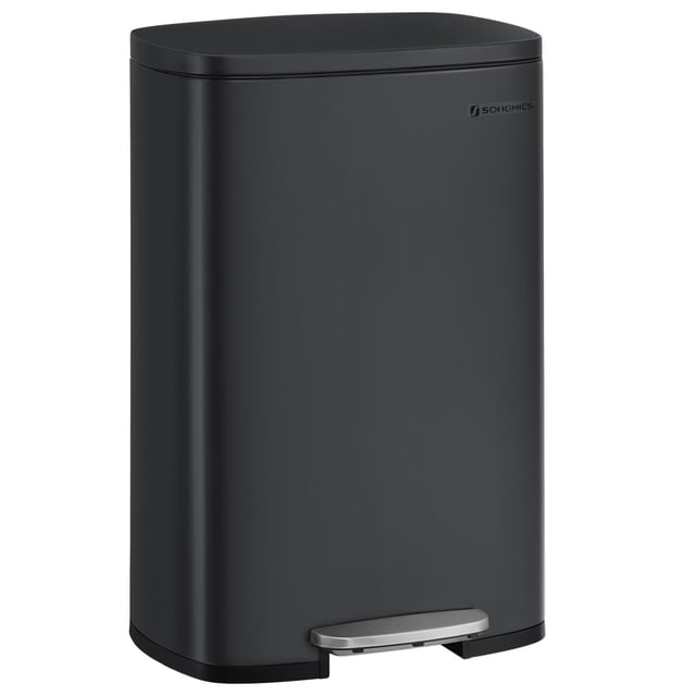 SONGMICS Kitchen Trash Can, 8-Gallon (30 L) Garbage Can with Lid, Stainless Steel, Soft Close and Stays Open, Inner Bucket, Wide Non-Slip Pedal, Ink Black. Front-facing kitchen trash can in ink black stainless steel with soft-close lid shown open at 90°, removable inner bucket, wide textured pedal, rear carry handle and non-slip pads; size 14.4×11.8×23.9 in (36.6×30×60.8 cm). Also suitable for compact kitchen recycling or compost caddy use.
